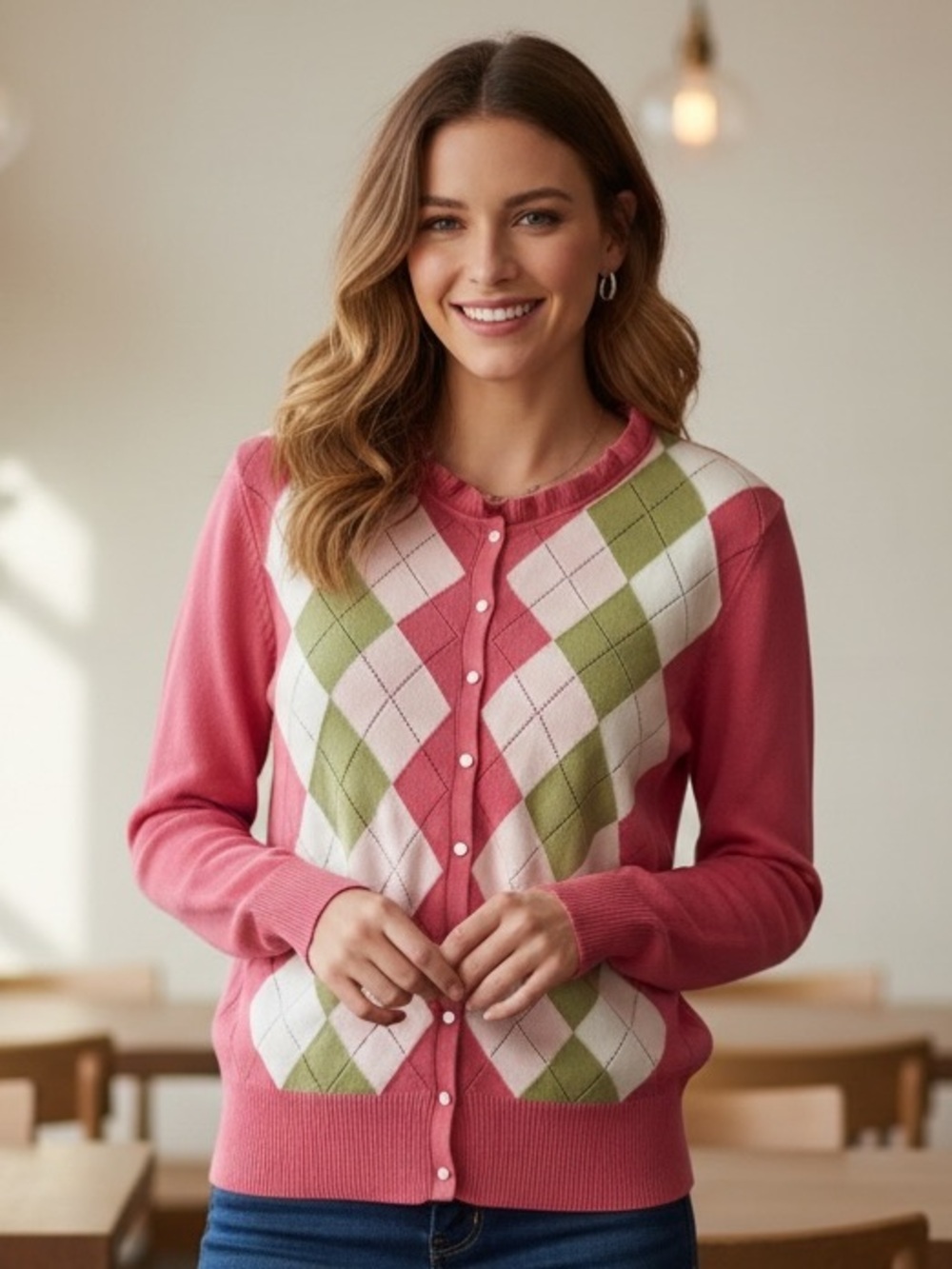 Old Navy Pink Green Argyle Button Cardigan Preppy Golf Cottagecore Ruffle Collar